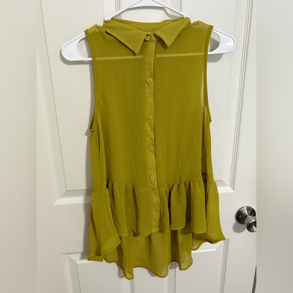 Audrey 3 + 1 Chartreuse Sheer Ruffle Hem High-Low Sleeveless Blouse